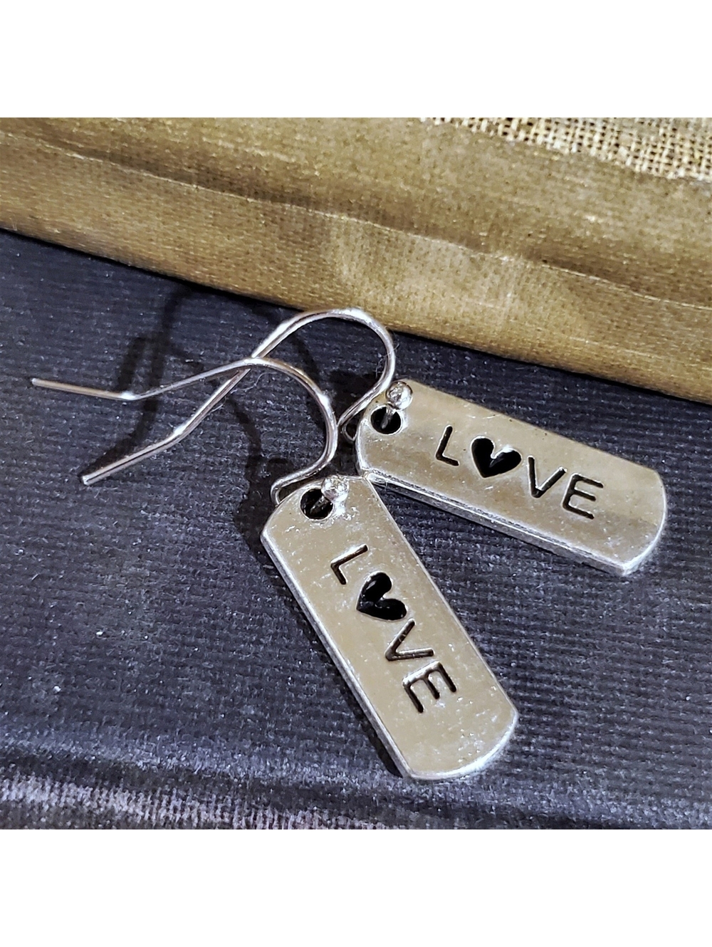 Handcrafted Love Inspirational Word Message Carved Silver Black Earrings